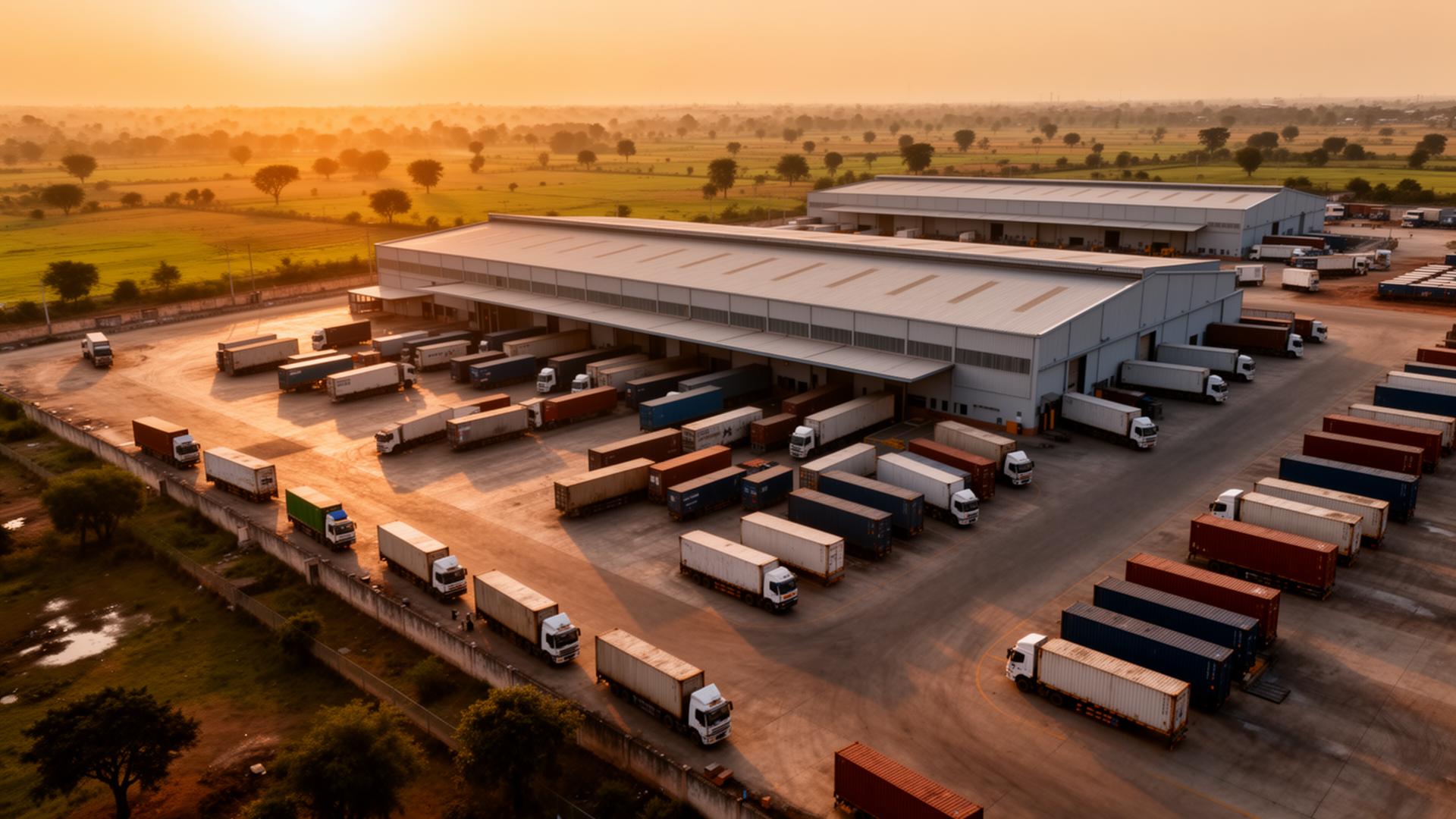 Cargo logistics hub at sunrise